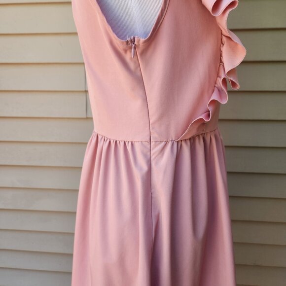 SHEIN Pink V-Neck Dress Ruffle Trim Solid Side Zip Sleeveless - Picture 10 of 13